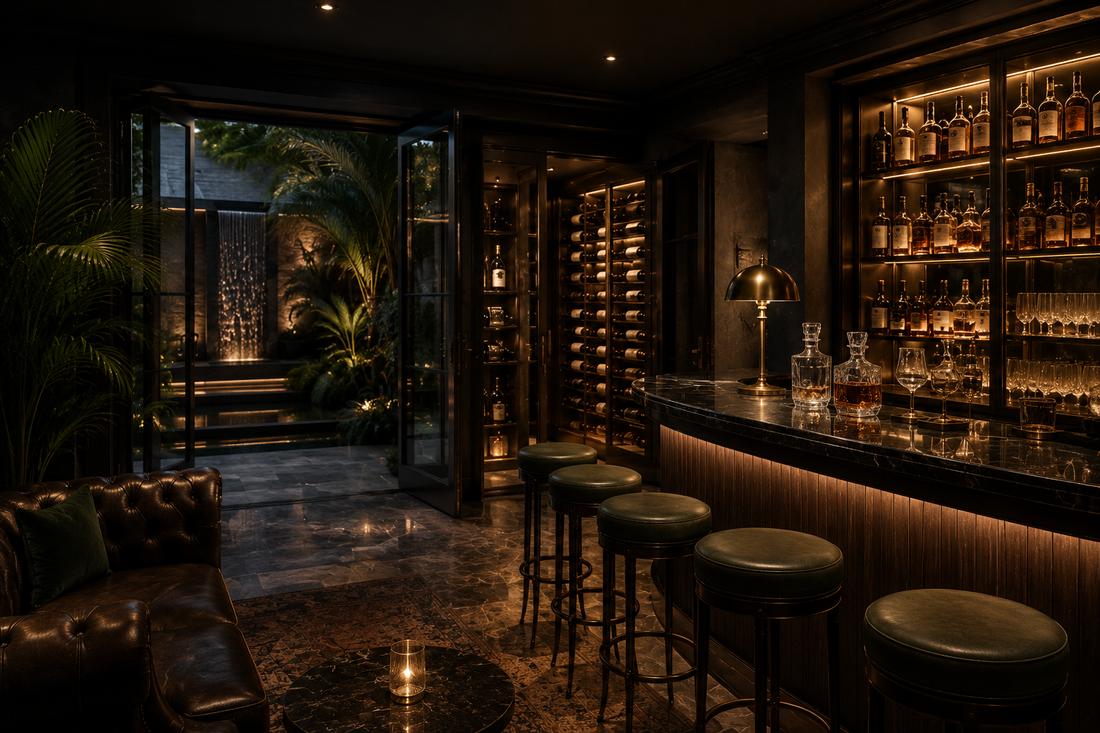 Cinematic speakeasy-inspired wine room interior