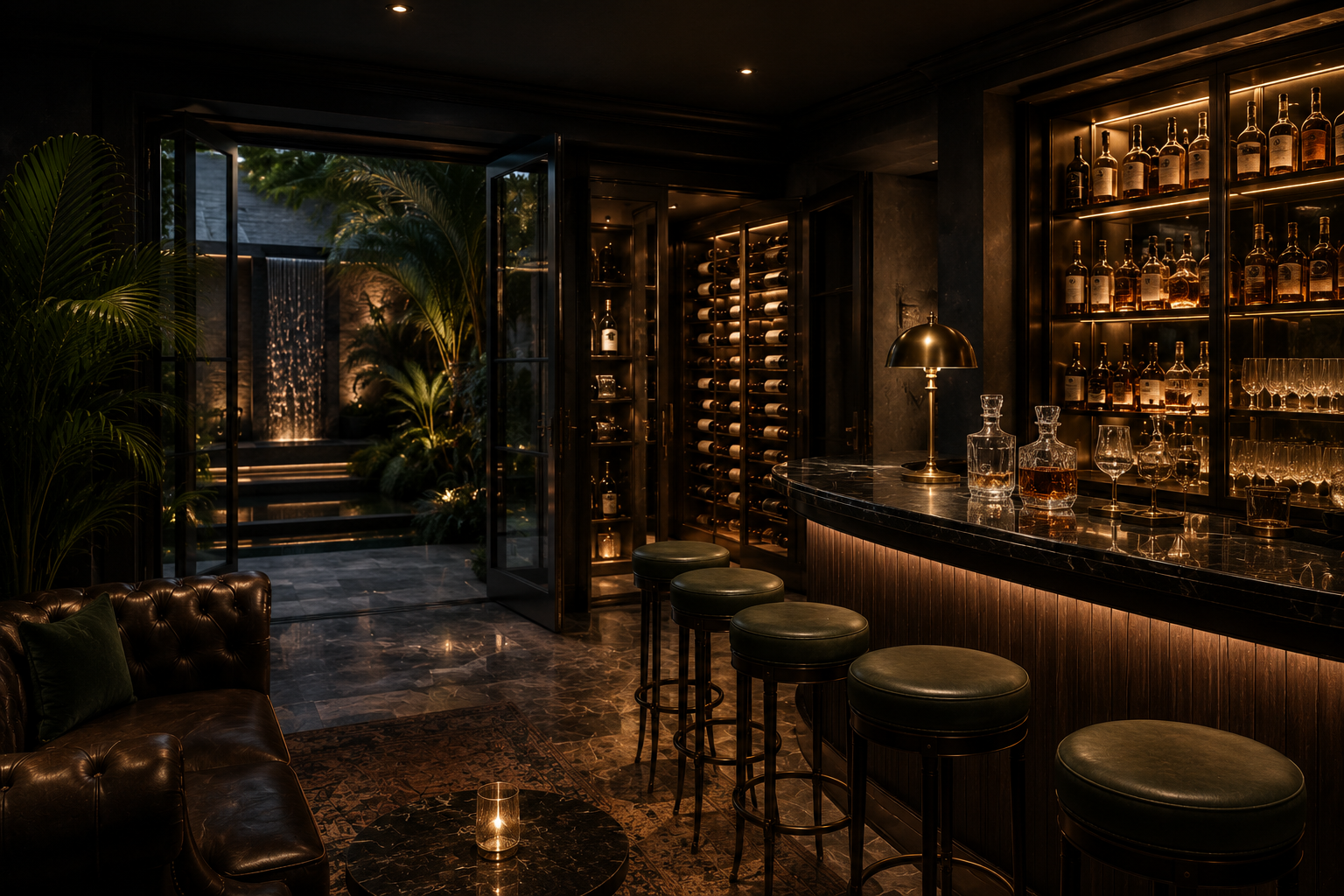 Cinematic speakeasy-inspired wine room interior