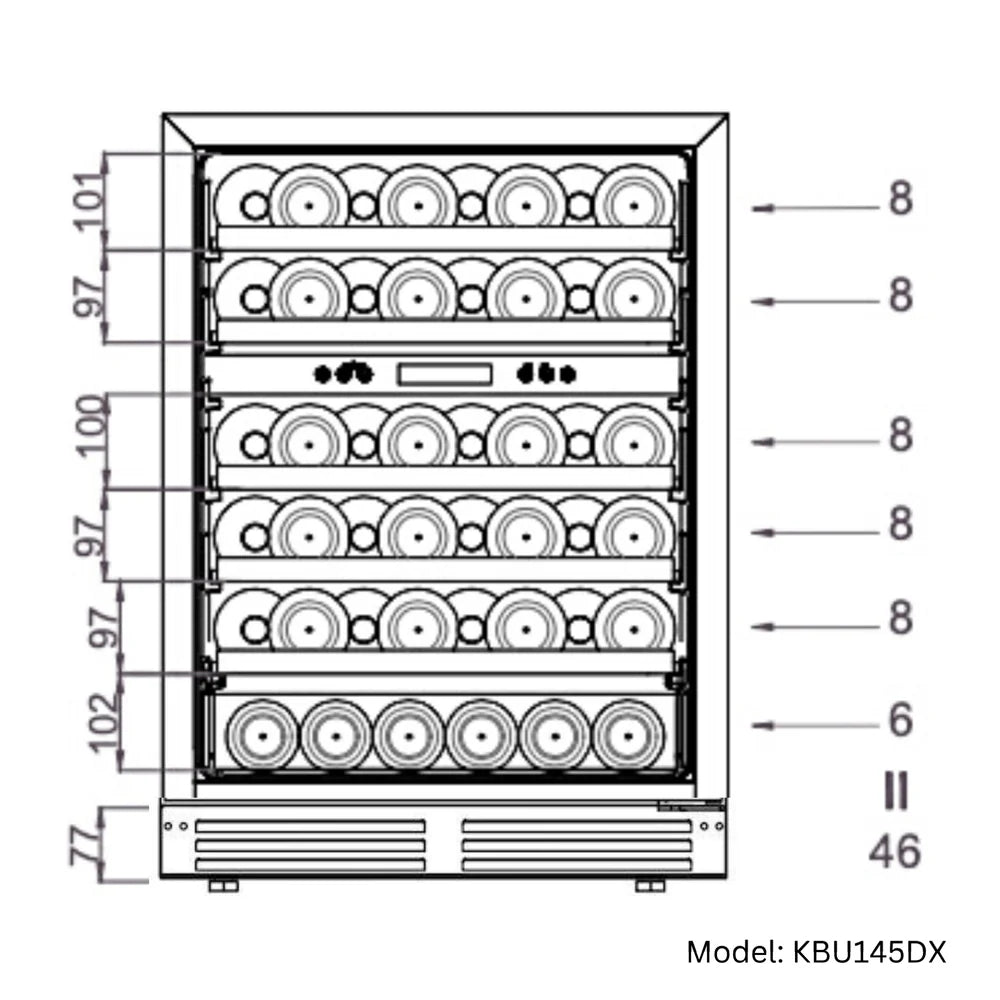 Kings Bottle 145-Bottle Dual Zone Wine Refrigerator — Built-In Undercounter (KBU145DX)
