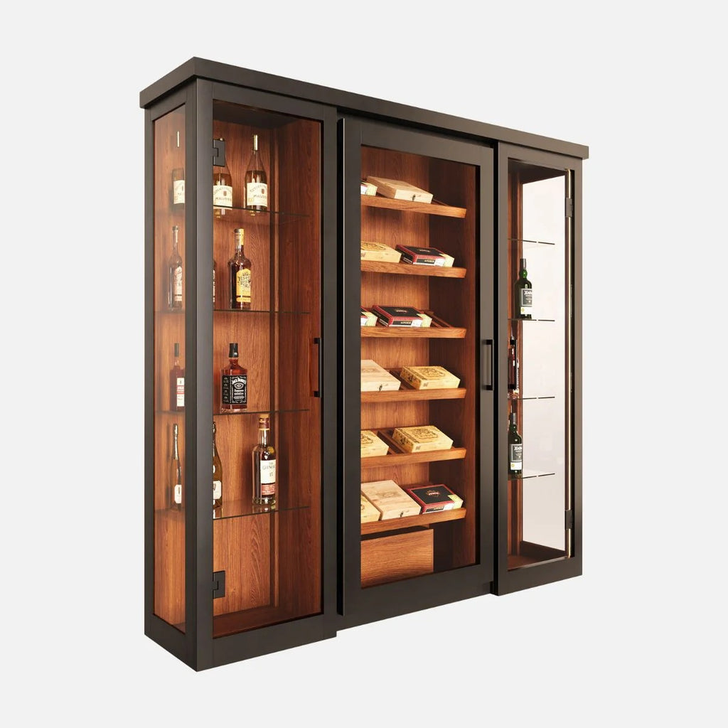 The Smoke & Cedar Collection — Cigar humidor with spirits display, Spanish Cedar interior, from $11,900 + freight | Grandeur Cellars via Oasis Wine Cellars