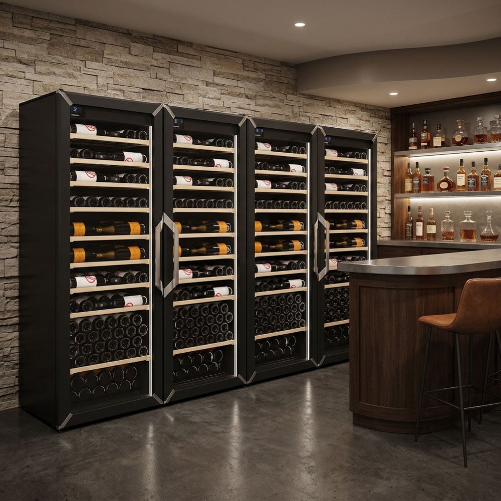Goguette Large French Door wine refrigerator, black, in a basement bar