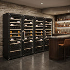 Goguette Large French Door wine refrigerator, black, in a basement bar