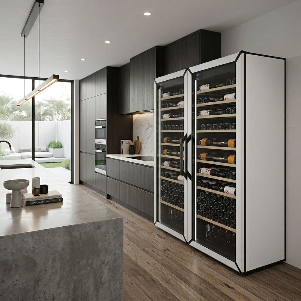 Goguette Large French Door wine refrigerator, white, in a kitchen