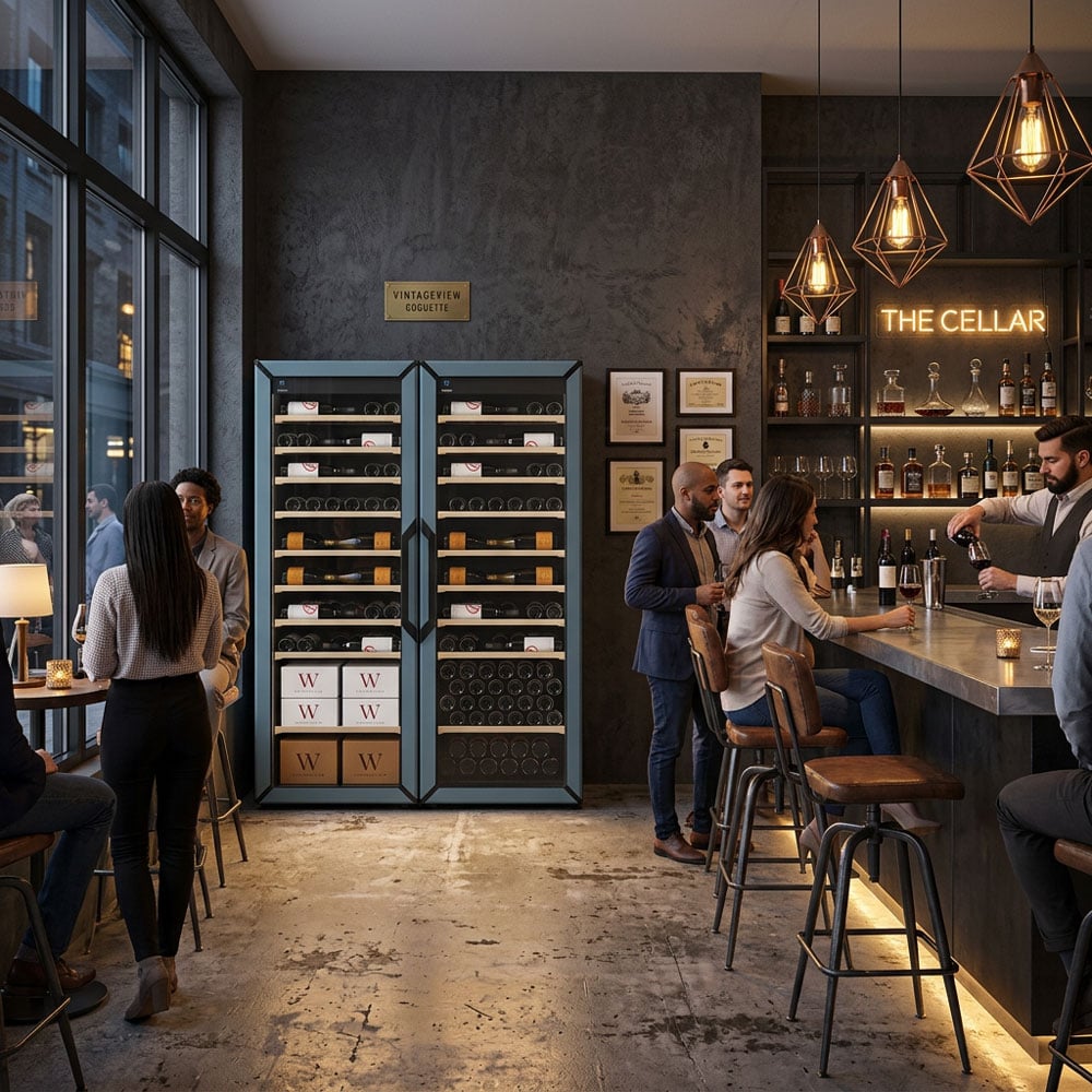 Goguette Large French Door wine refrigerator, slate blue, in a wine bar