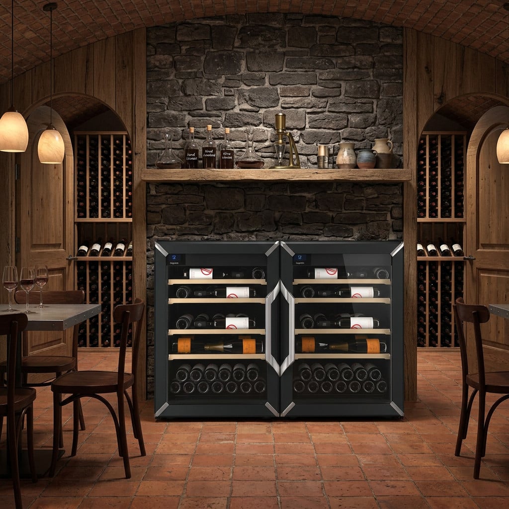 Goguette Small Side-by-Side wine refrigerator, black, in a home wine cellar