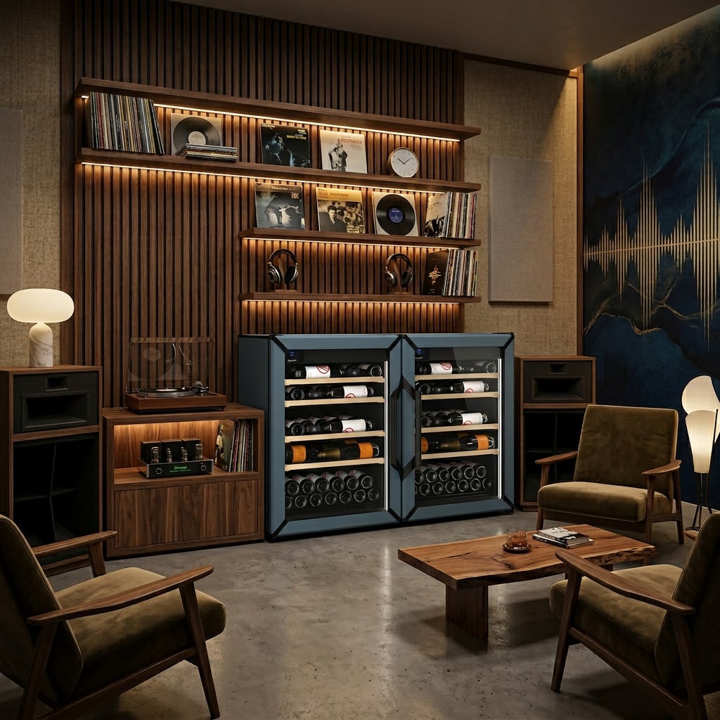Goguette Small Side-by-Side wine refrigerator, slate blue, in a listening room