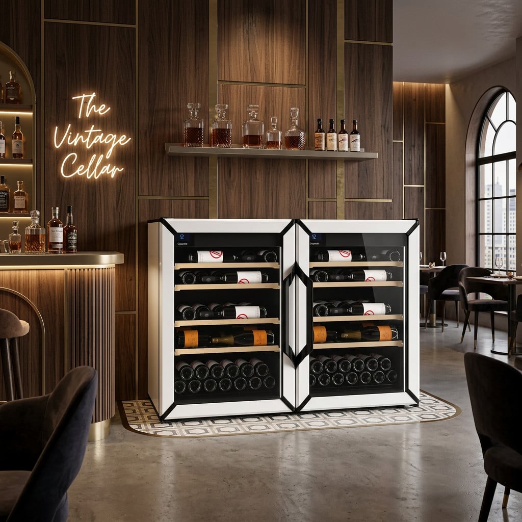 Goguette Small Side-by-Side wine refrigerator, white, in a home wine bar