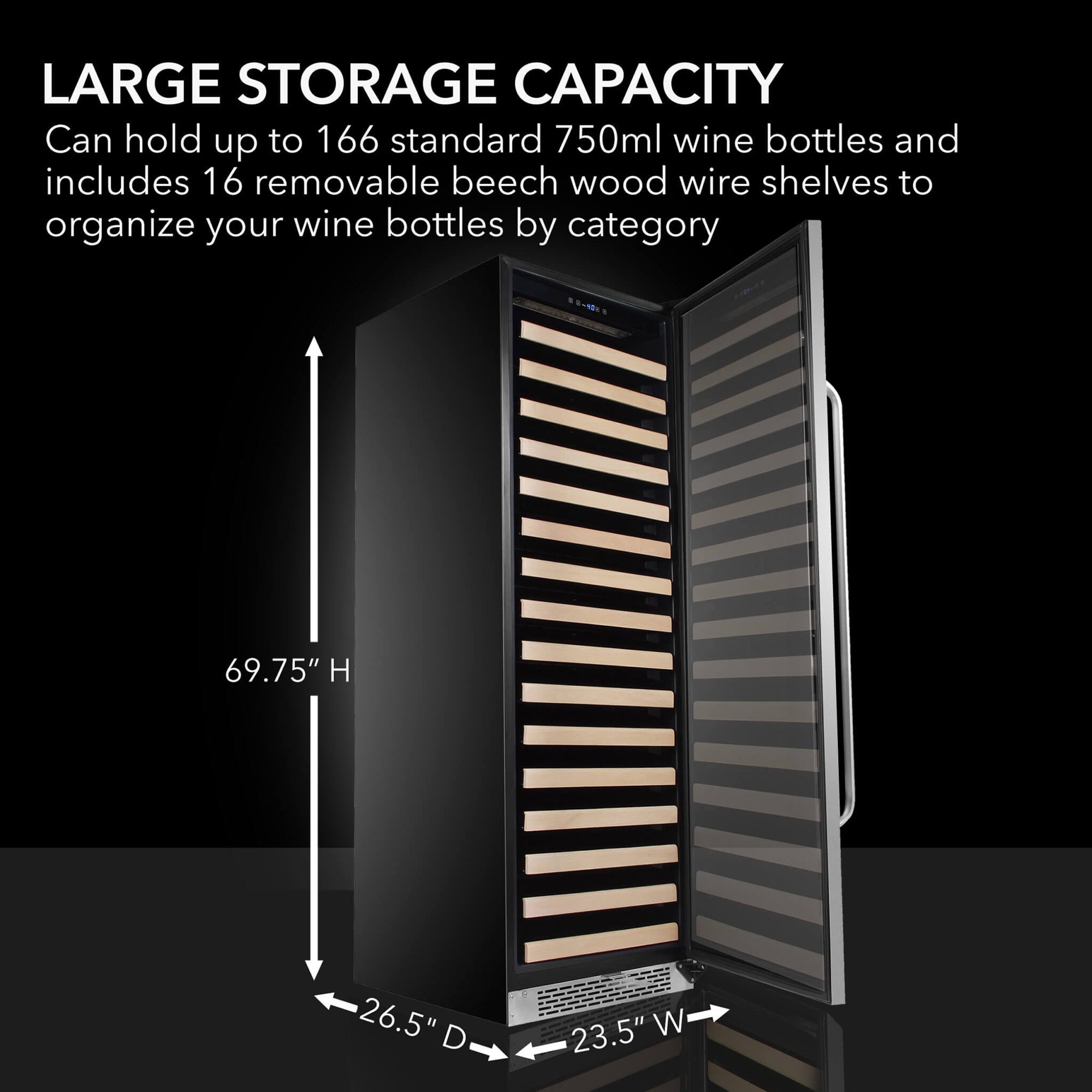 Whynter BWR-1662SD 166 Bottle Built-In Single Zone Wine Cooler Refrigerator